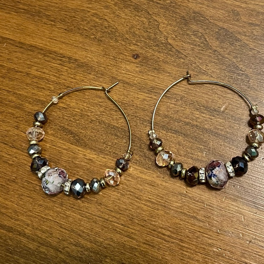 Elegant Gold and Purple Crystal Beaded Hoop Earrings. Approximately 2”